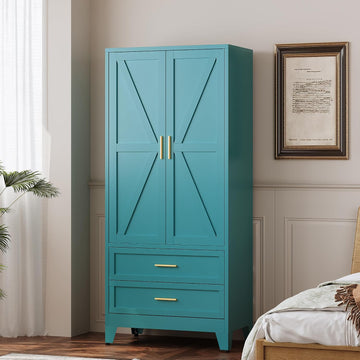 71" Tall Metal Wardrobe with Doors, Hanging Rod & Adjustable Shelf, Freestanding Steel Armoire Home Office, 2-Drawer