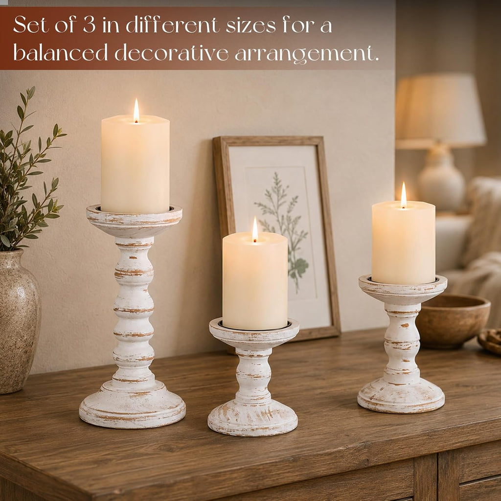 Wood Candle Holder for Pillar, White Farmhouse Fireplace Decor | Set of 3, Table Centerpiece, Tall Shabby Chic Decor