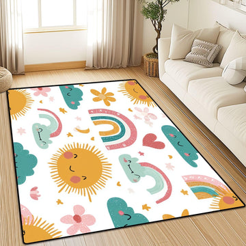 .3 Area Rug Low Pile Seamless Childish Rainbows Sun Moon Scandi Washable Throw Rug Non-Slip Non-Shedding Rug