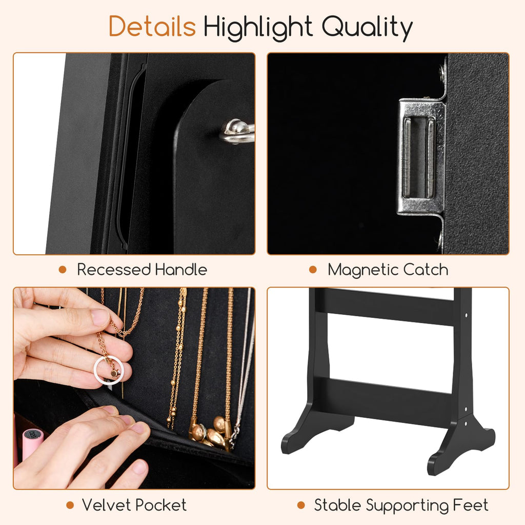 Standing Jewelry Cabinet with Full Length Mirror, 2 LEDs, Lockable