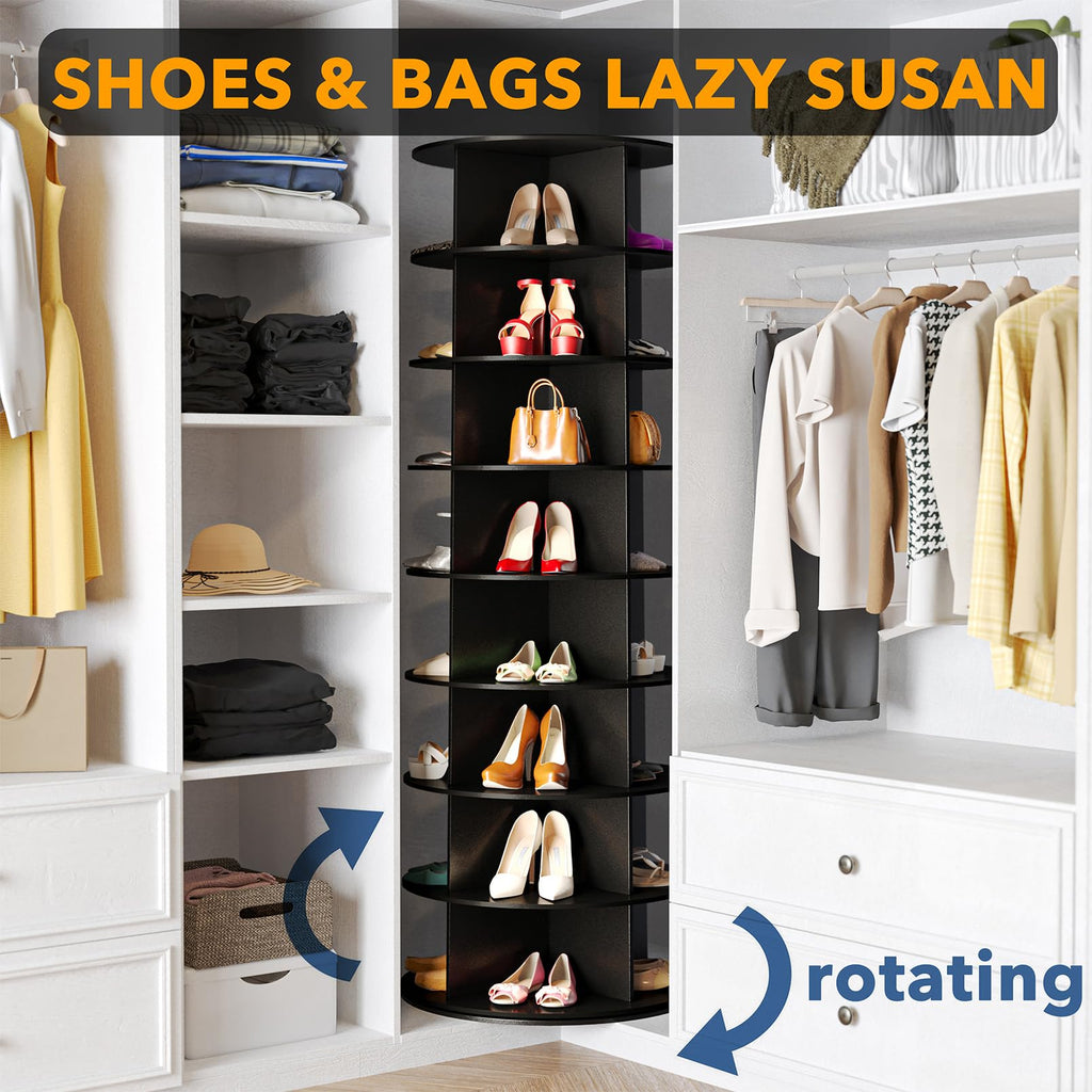 8 Tier Rotating Shoe Rack Tower, Spinning Shoe Display Lazy Susan, Revolving 360 Shoe Rack Storage Round Carousel