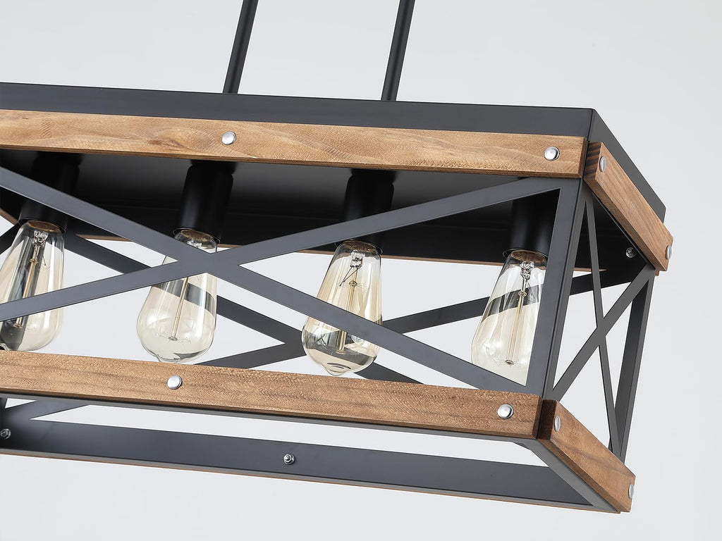 Rustic Farmhouse Wood Kitchen Island Lighting, 4 Lights Rectangular Pendant Light Fixture, Adjustable Chain Oak Wood