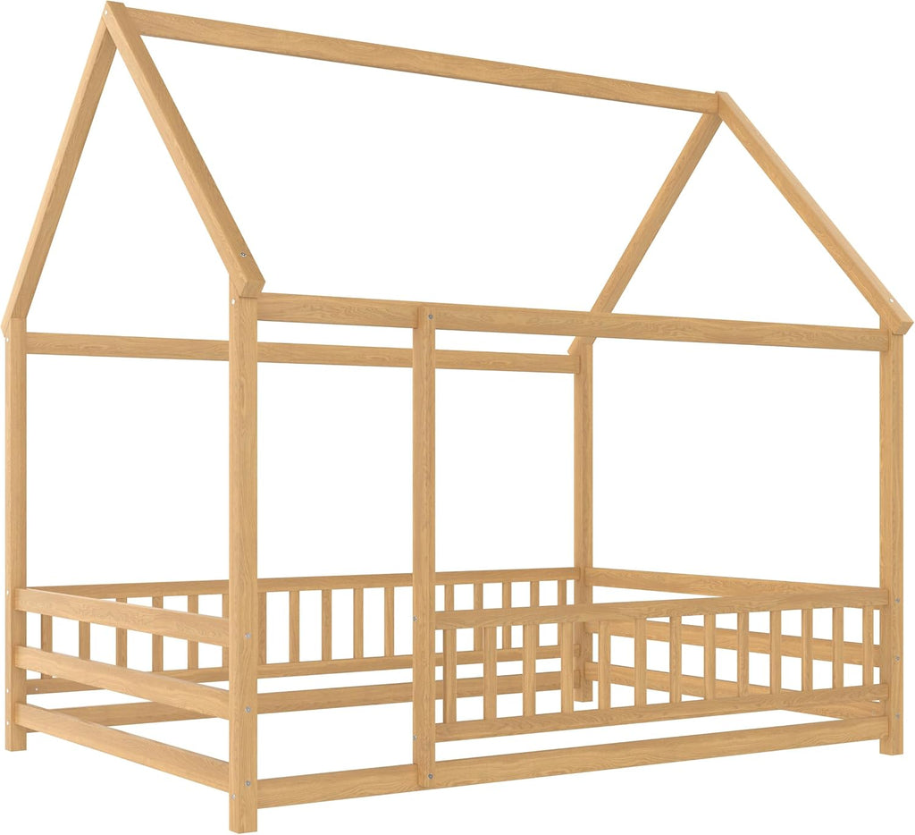House Floor Bed with Guardrails, Montessori Bed for Kids Natural