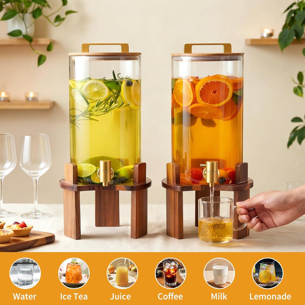 1.5 Gallon Glass Drink Dispenser, Beverage Dispenser With Wood Stand, Lid and Stainless Steel Spigot, Large - Set of 2