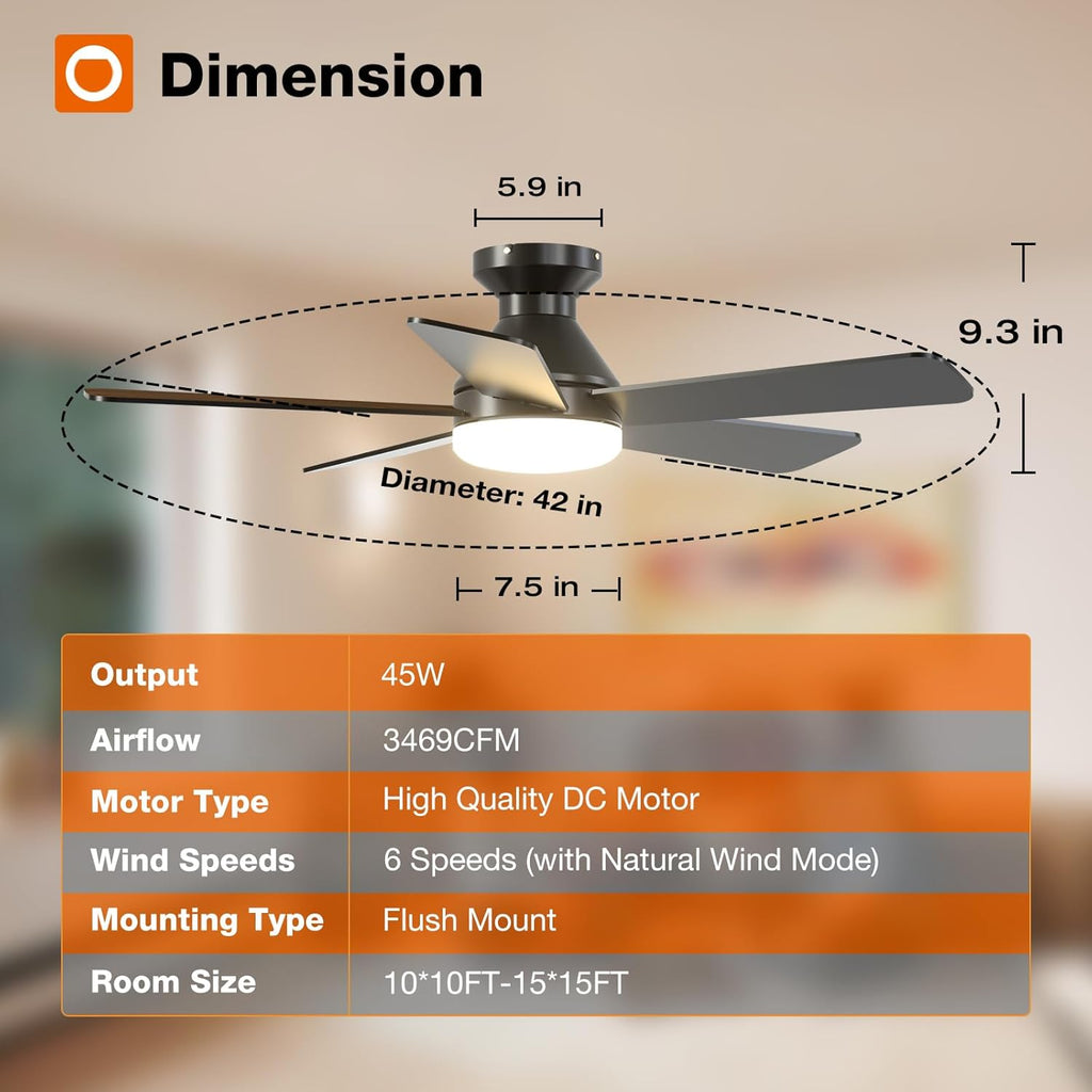 Ceiling Fans with Lights, 42 Inch Low Profile Ceiling Fan with Light and Remote Control, Flush Mount, Reversible, 3CCT, Dimmable, Quiet, Black Small Ceiling Fan for Bedroom Indoor/Outdoor Use A103-B0CLNKYN38
