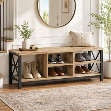 Shoe Bench Entryway with Storage, Industrial Wood and Metal Hallway Benches with Adjustable Shelves, Rustic Entry Way