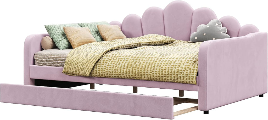Queen Size Upholstered Daybed with Trundle, Velvet Corner Bed Frame with Shell Shaped Headboard for Kids Teens
