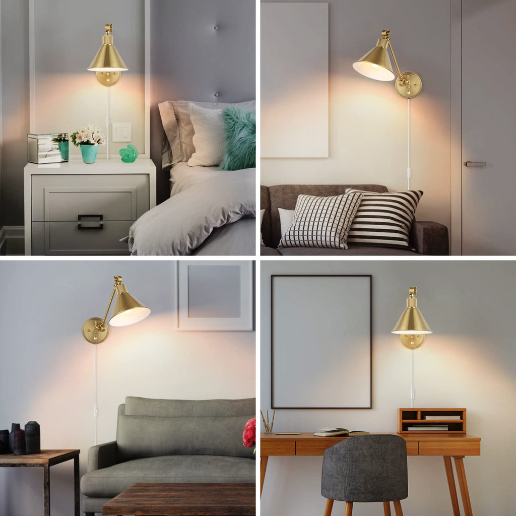Wall Sconce Plug in, Dimmable Wall Sconce Brushed Brass Swing Arm Wall Lights with Plug in Cord and Dimmer On/Off
