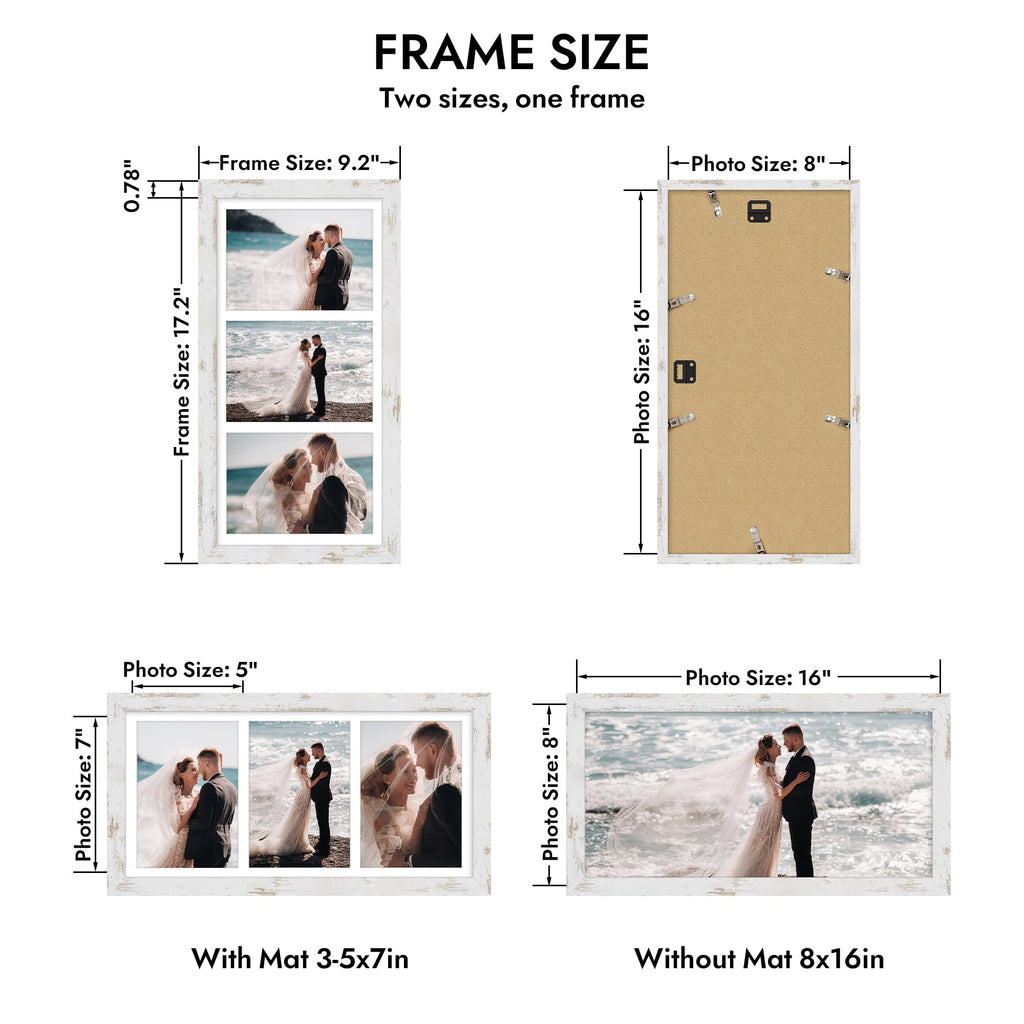 8x16 Picture Frame, Collage Three 5x7 with Mat, Real Glass, 1 Pack