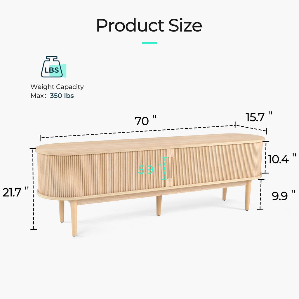 70" Fluted TV Stand for TVs up to 80 Inch, Mid Century Modern Entertainment Center with Storage Cabinet and Sliding