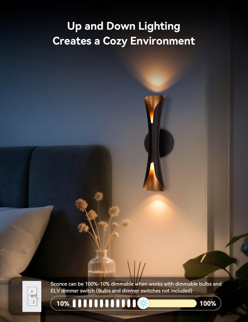 Wall Sconce, Modern Dimmable Hardwired Wall Light Black&Gold 15.7"