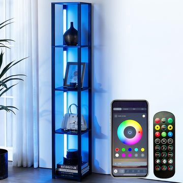 Floor Lamp, LED Smart Modern Floor Lamp with Music Sync, Color Changing Corner Display Shelf Lamp, Square Standing