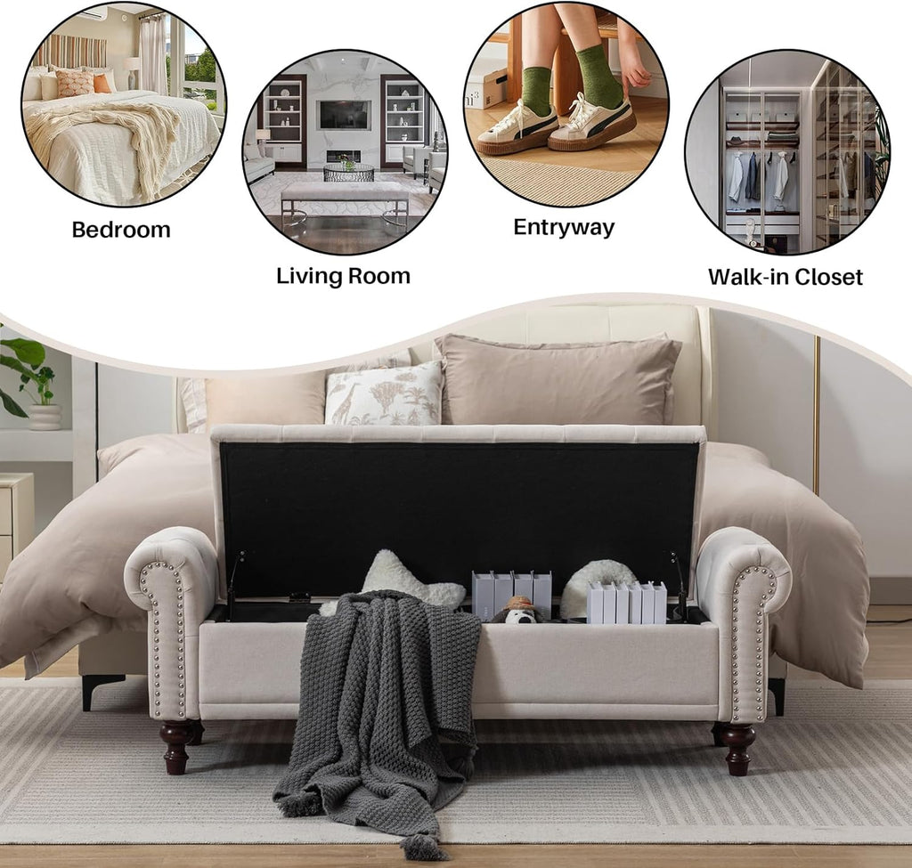 58.1" Storage Bench , Linen Upholstered, Beige | End of Bedroom Bed Bench Ottoman with Tufted Cushioned Rolled Arm