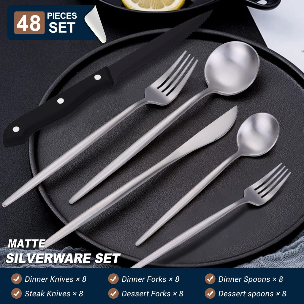 48-Piece Matte Silverware Set with Steak Knives, Flatware Set for 8, Stainless Steel Forks and Spoons Silverware