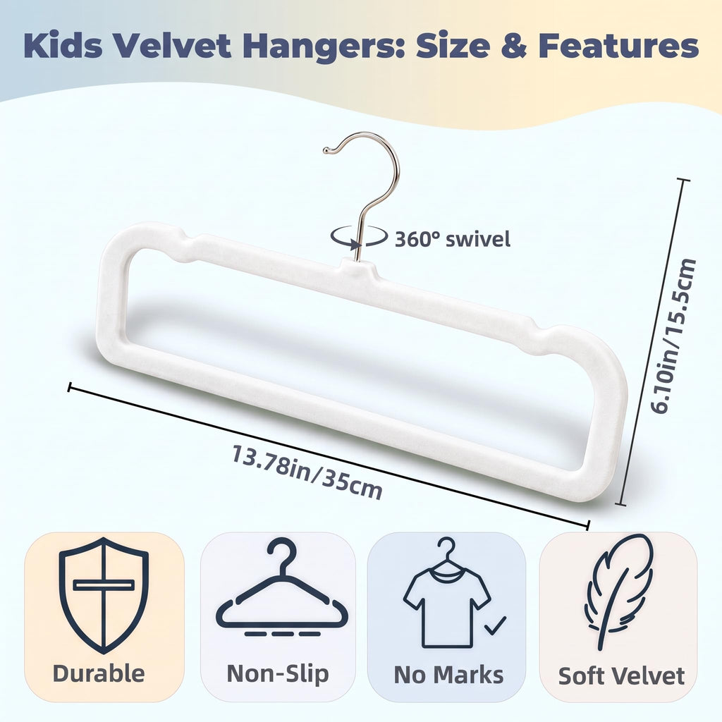 Kids Velvet Hangers 50 Pack, Durable Baby Clothes Hangers White Rectangle