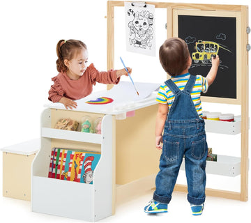 3 in 1 Kids Art Table and Chair Set, Toddler Craft and Play Wood Activity Desk with Double-Sided Easel Blackboard