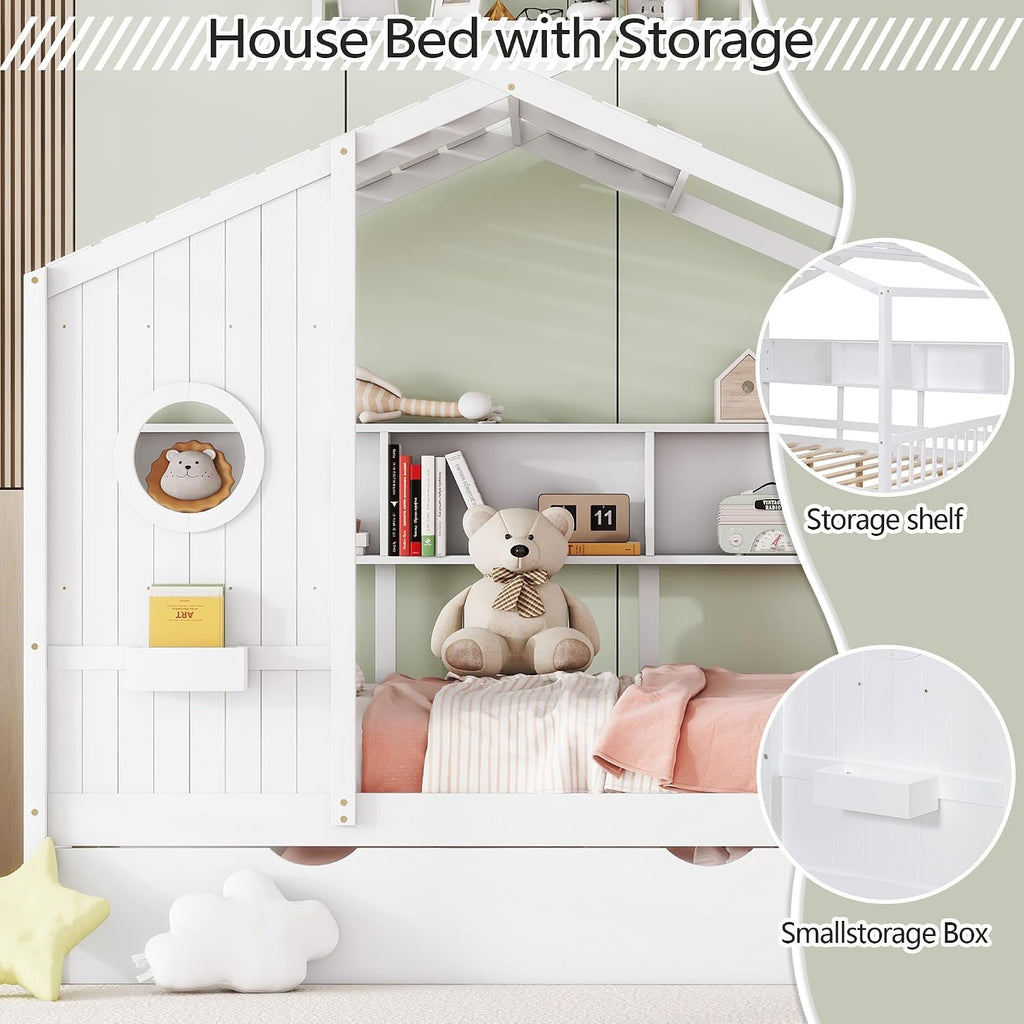 Full Size Daybed with Trundle and Bookshelf, No Box Spring Needed, White | House Bed with Roof and Round Window for