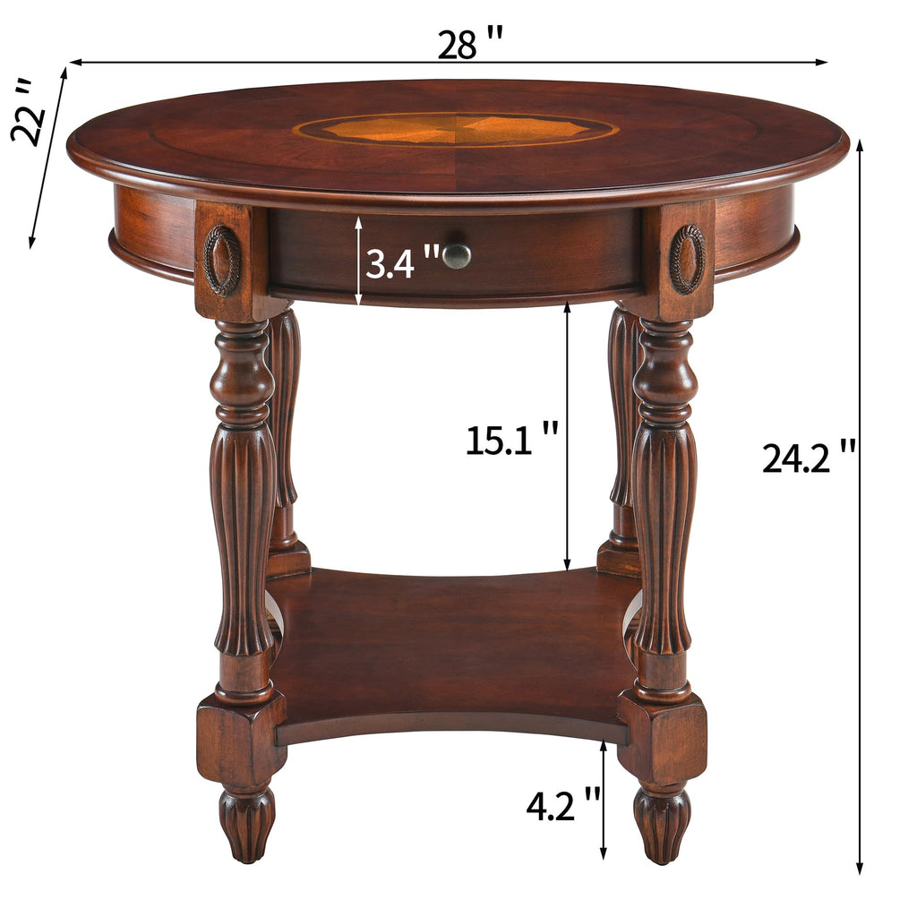 Oval Round End Table, 2-Tier Cherry Wood End Table Solid Wood Side Table with Drawer, Victorian Vintage Nightstand