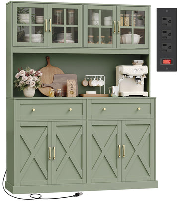 71''H x 55.1''W Pantry Cabinet with Charging Station, 4 Wide Cabinets Kitchen Pantry with 2 Drawers, Farmhouse Hutch