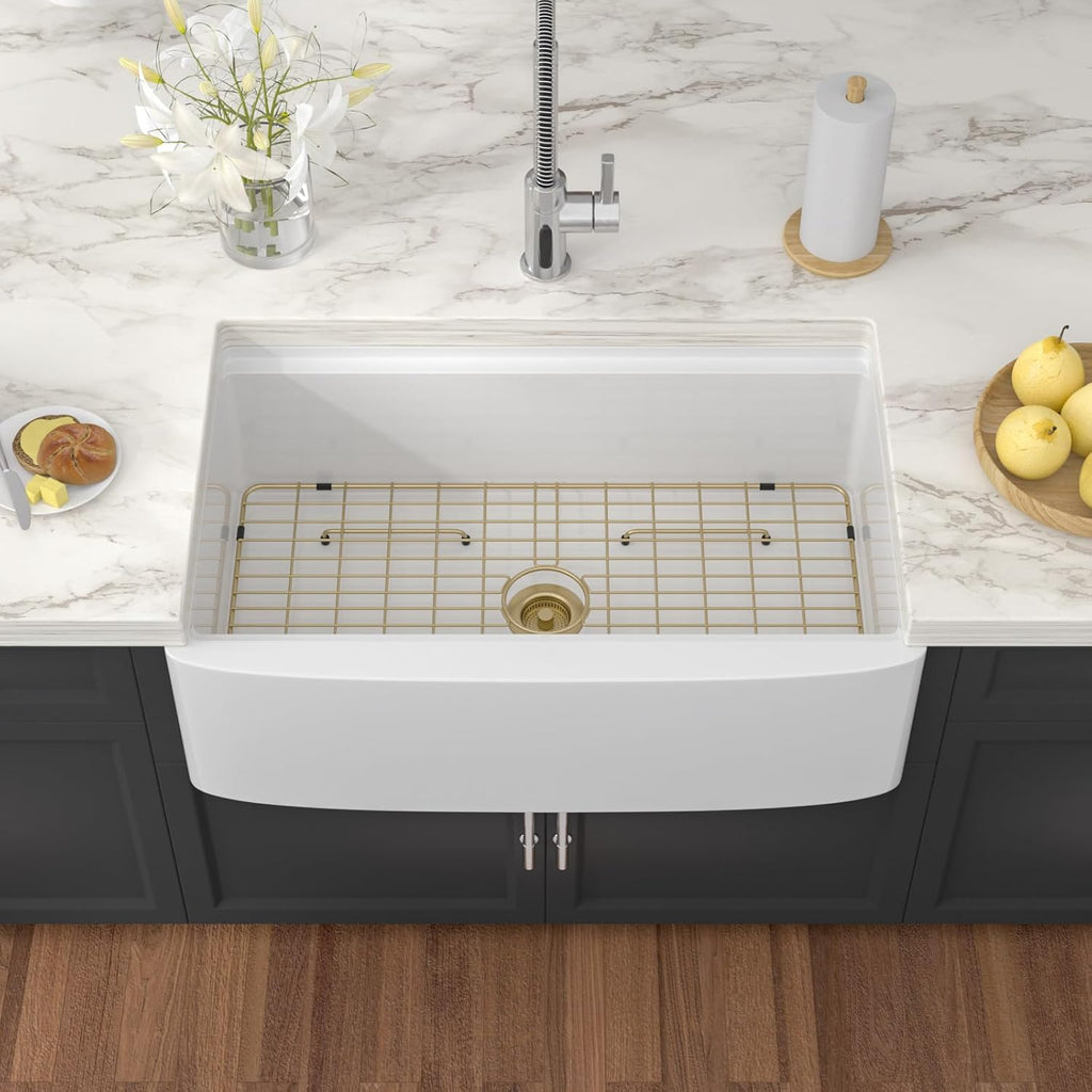 33 Inch White Farmhouse Sink Workstation - White Curved Apron Front Fireclay Farm Sink Large Deep Ceramic Single Bowl