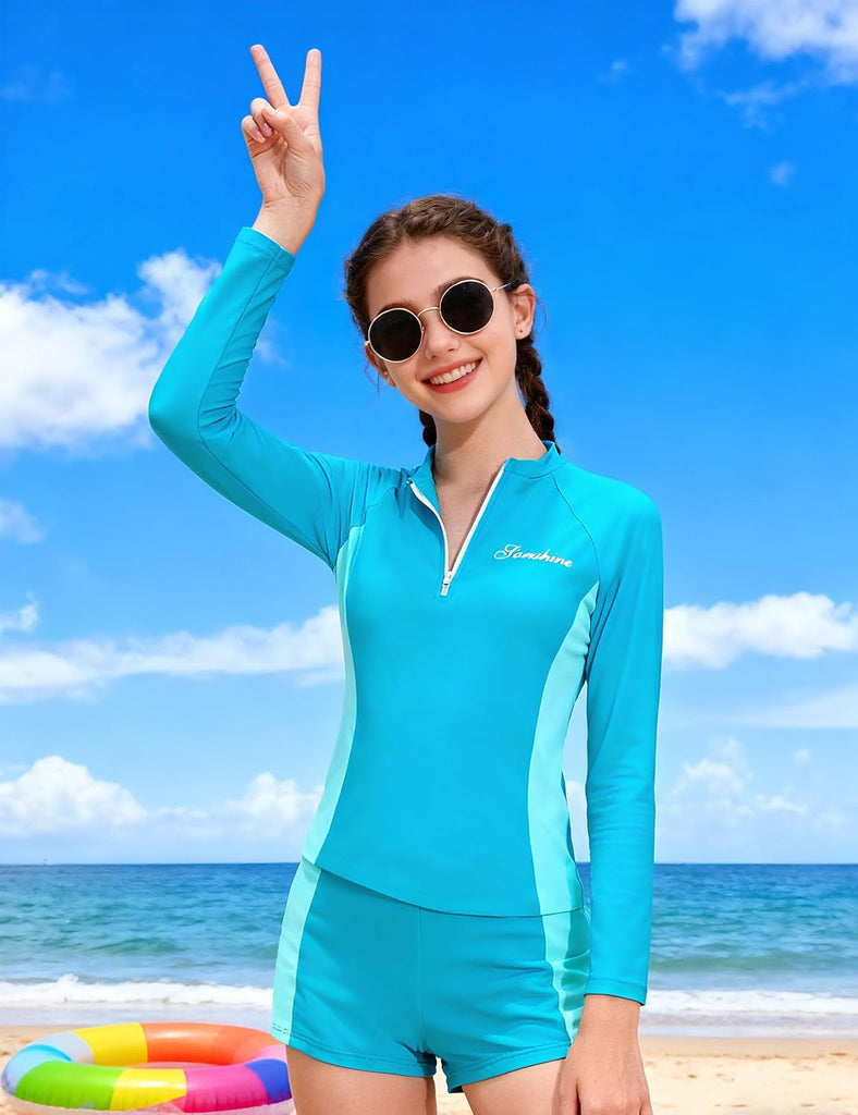 Girls Rash Guard Swimsuit Two Piece Set Colorblock Long Sleeve Bathing Suit UPF50+Sun Protection Swim Suits