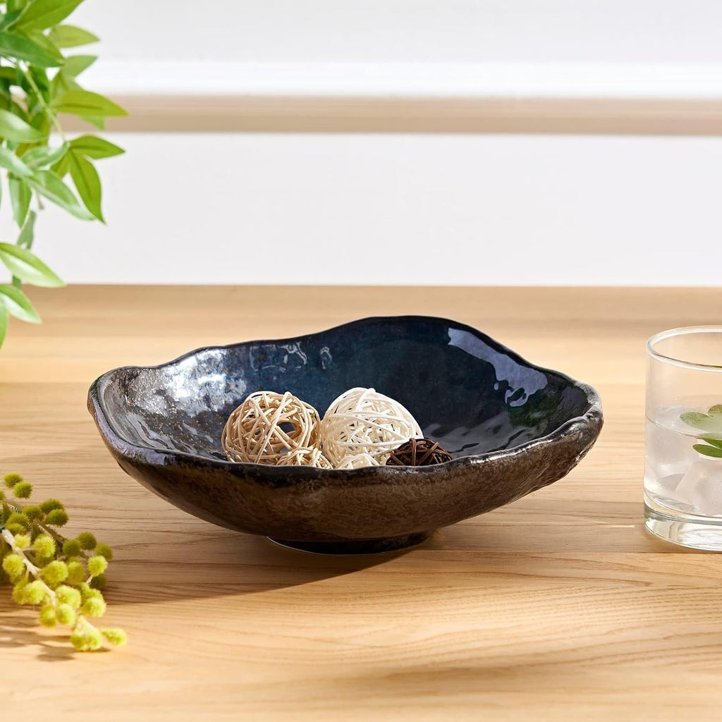 Ceramic Decorative Dish, 10 inch Dark Blue | Irregular-Edge Stoneware, Centerpiece Dish, Handcrafted, Multi-Purpose