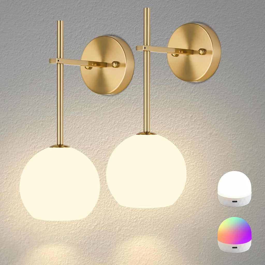 Gold Battery Operated Wall Sconces Set of 2, Rechargeable Wireless Wall Lights with Milky White Frosted Glass Shade