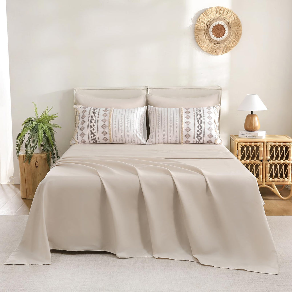 Tufted Boho Comforter Set Bed in A Bag, Shabby Chic Aztec Western Beige Bedding Tufted Decor Queen Size Bedding
