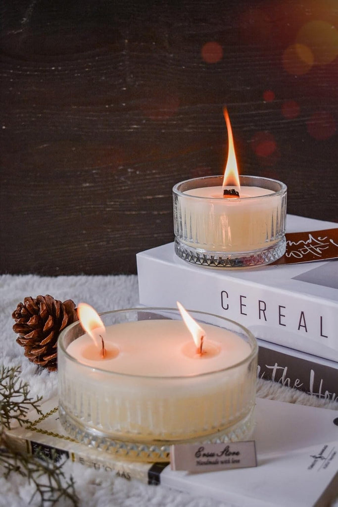 Crystal Glass Candle Holder Set with Amber Scented Soy Wax - 2 Piece Set - Glass