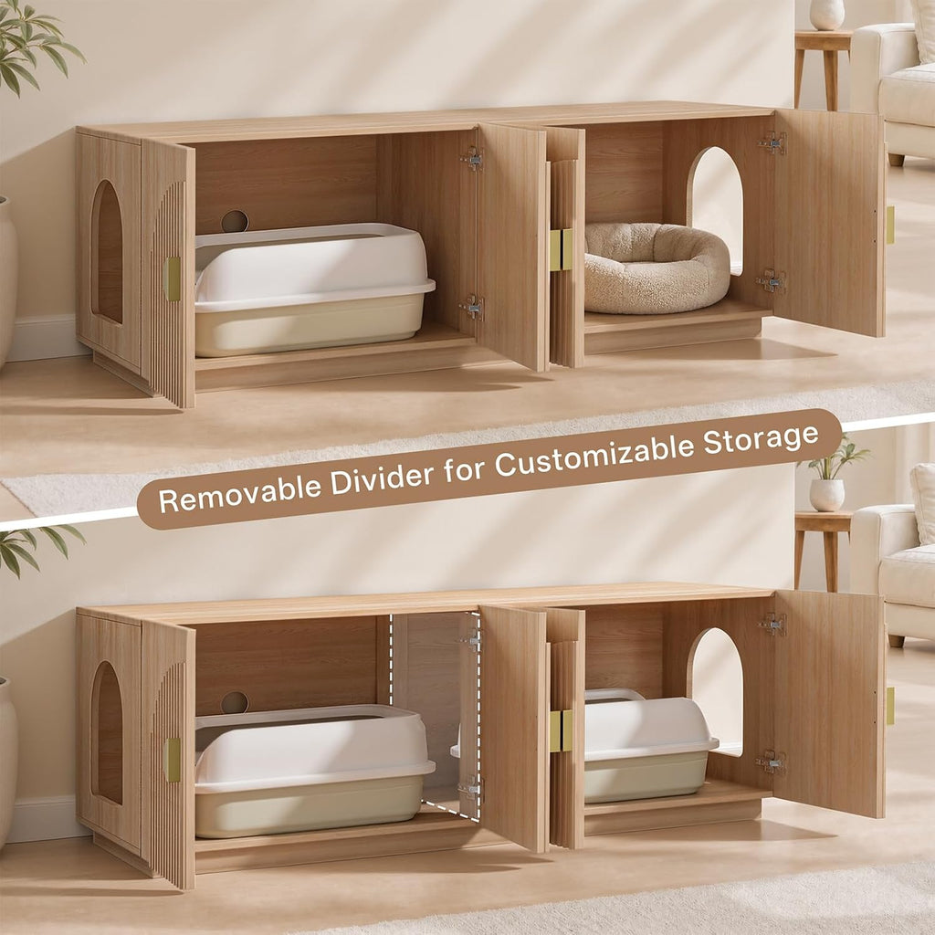 Double Cat Litter Box Enclosure Furniture with Optional Divider