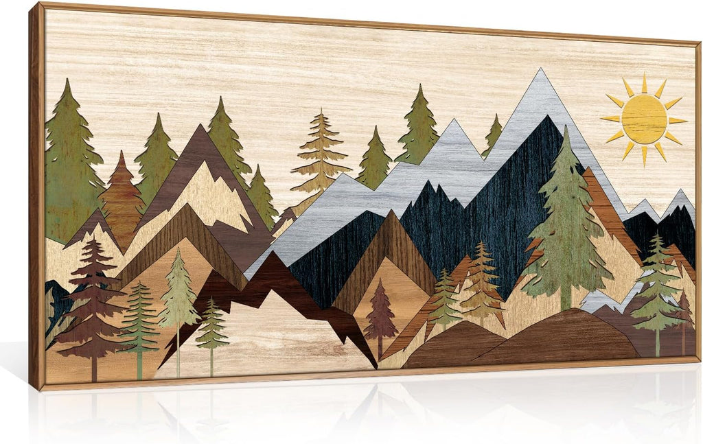 Mountain Pine Tree Framed Canvas Wall Art Set, Nature Wilderness Illustration Wall Decor, Woodcut Forest Wall