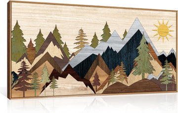 Mountain Pine Tree Framed Canvas Wall Art Set, Nature Wilderness Illustration Wall Decor, Woodcut Forest Wall