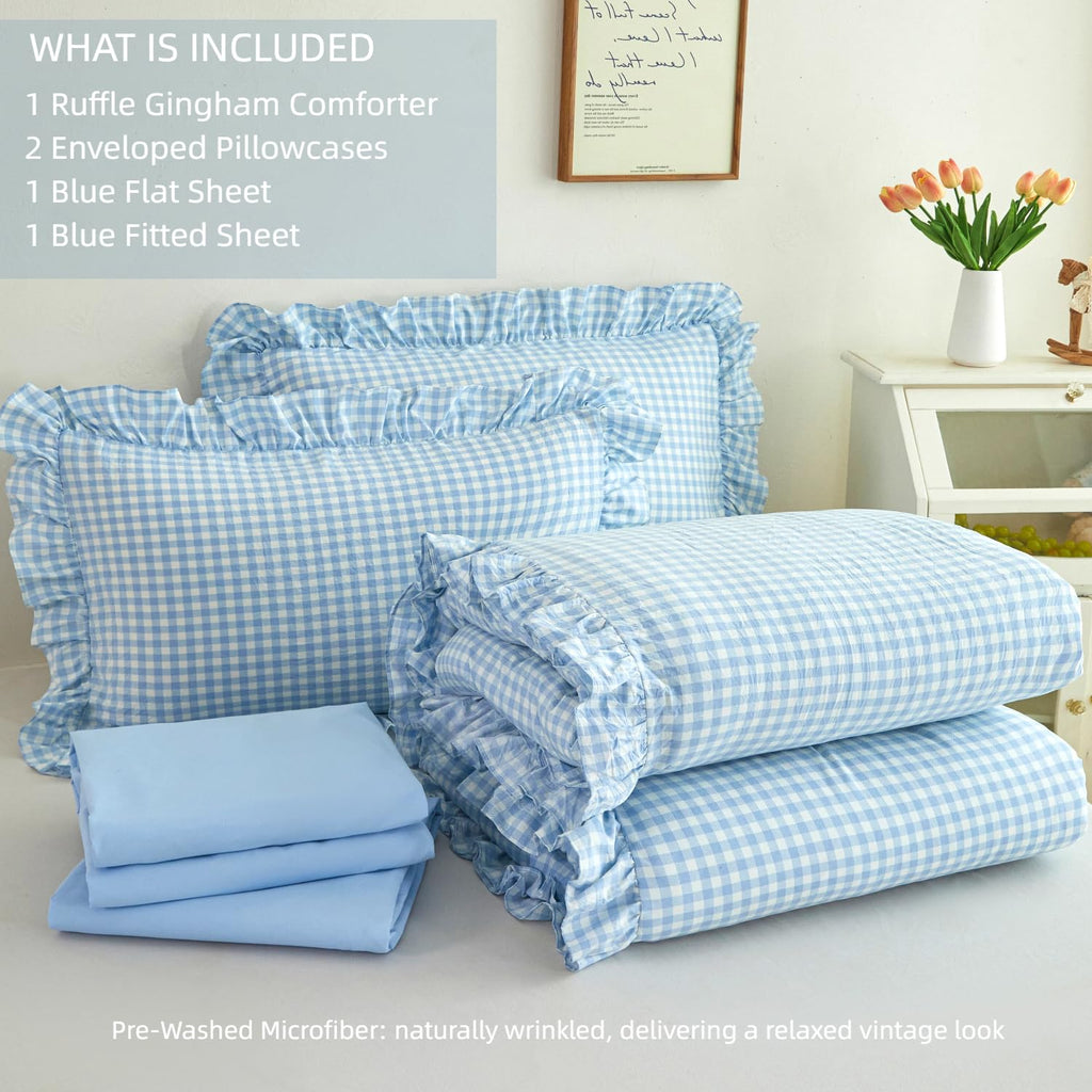 Gingham Ruffle Comforter Sets 5 Pieces Farmhouse Vintage Grid Comforter Bedding Soft Breathable Checkered