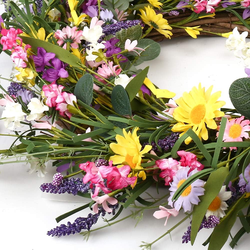 Spring Wreath 24 Inch Summer Wreaths for Front Door Artificial Flower Wreath with Daisy and Lavender Outdoor