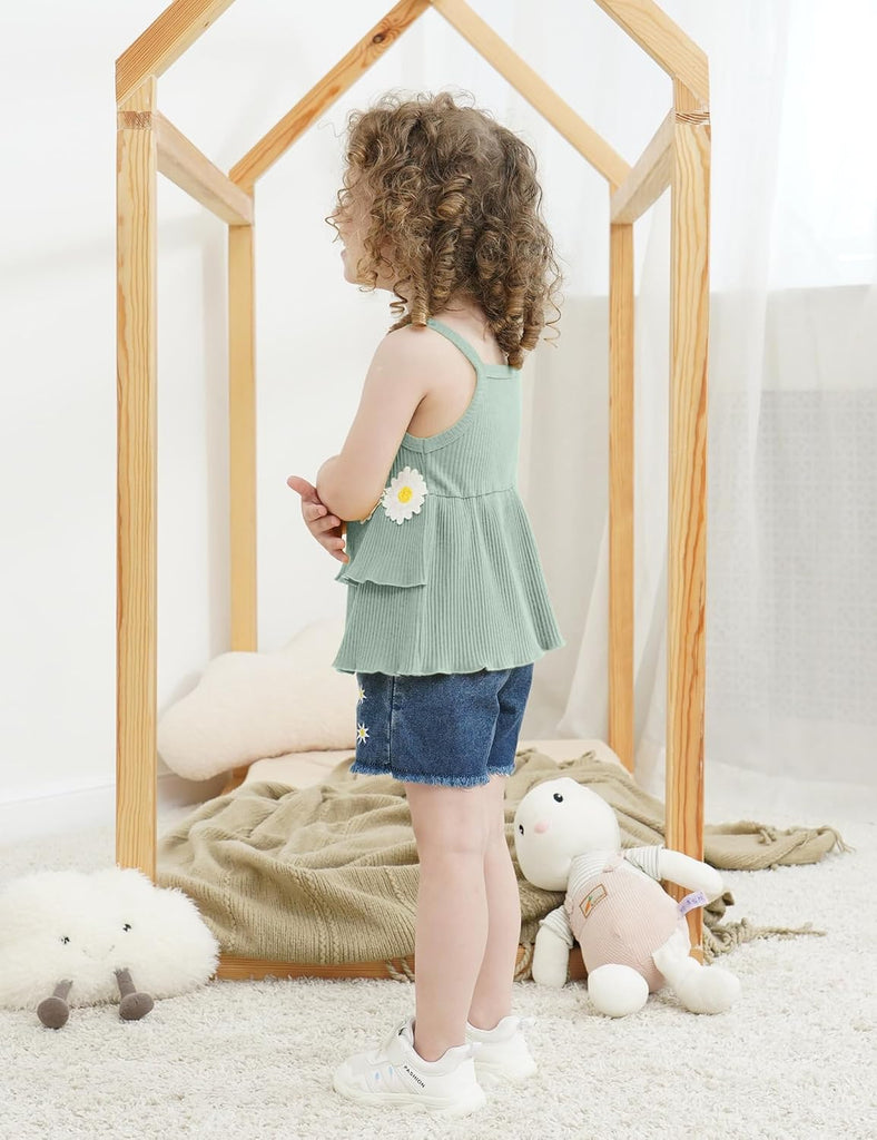 Toddler Girl Clothes Ruffle Daisy Sleeveless Tank Tops and Denim Shorts Girls Summer Outfits