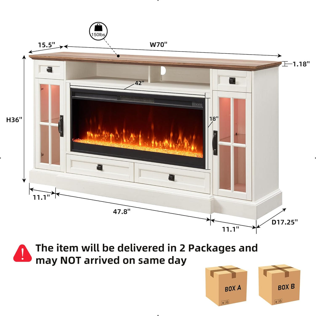 Fireplace TV Stand for 80 Inch TV, Farmhouse Entertainment Center with 42" Fireplace & LED Lights, Modern Media