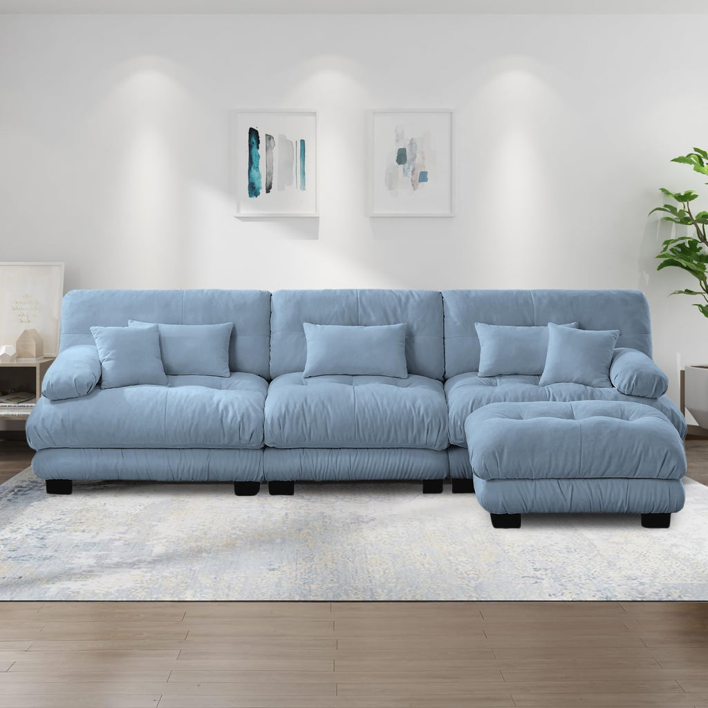 133.8" Modular Sectional Sofa w/1 Ottoman, Sky Blue