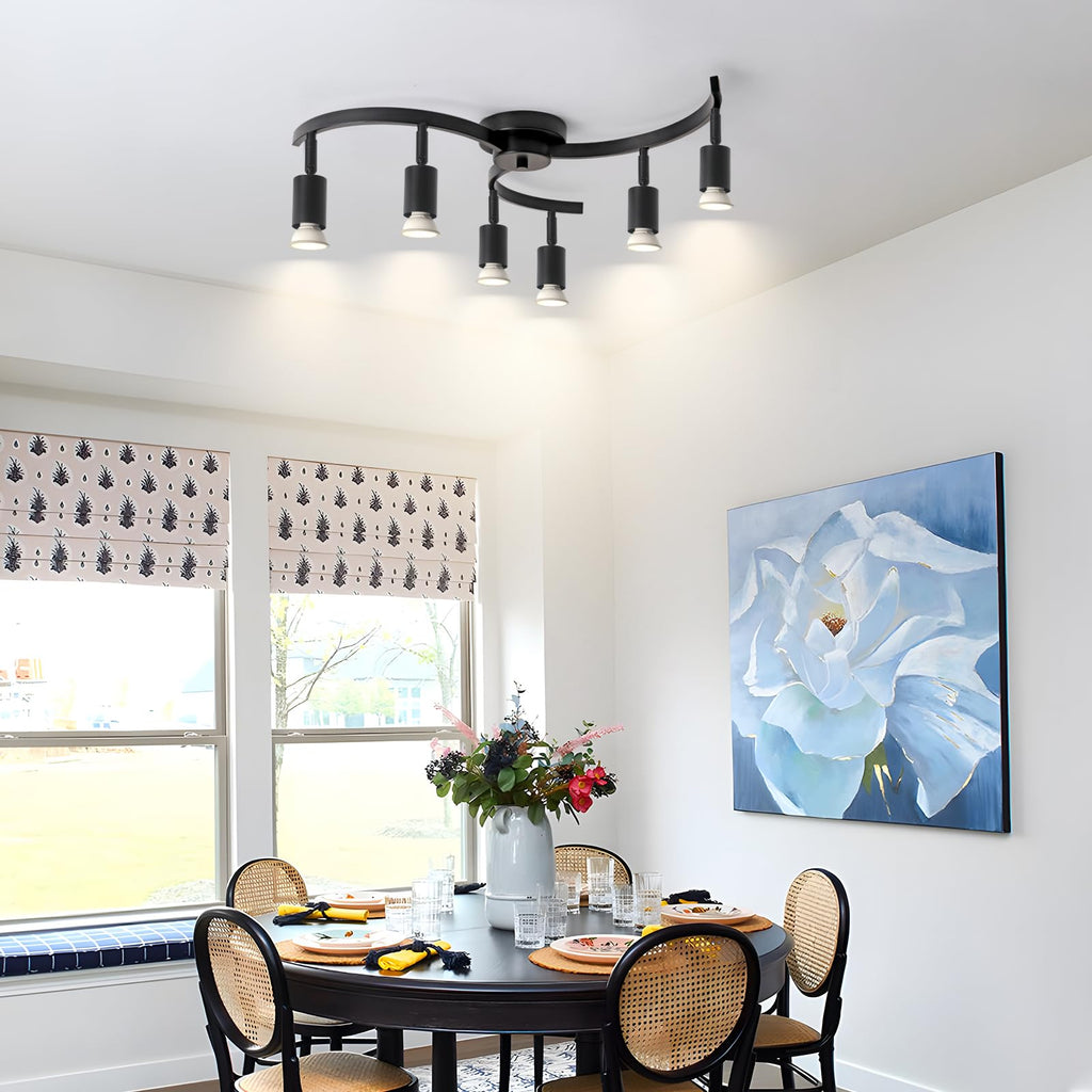 6 Light Track Lighting Fixtures Ceiling, Flexibly Rotatable Light Heads, Black Semi Flush Mount Ceiling Light Dining