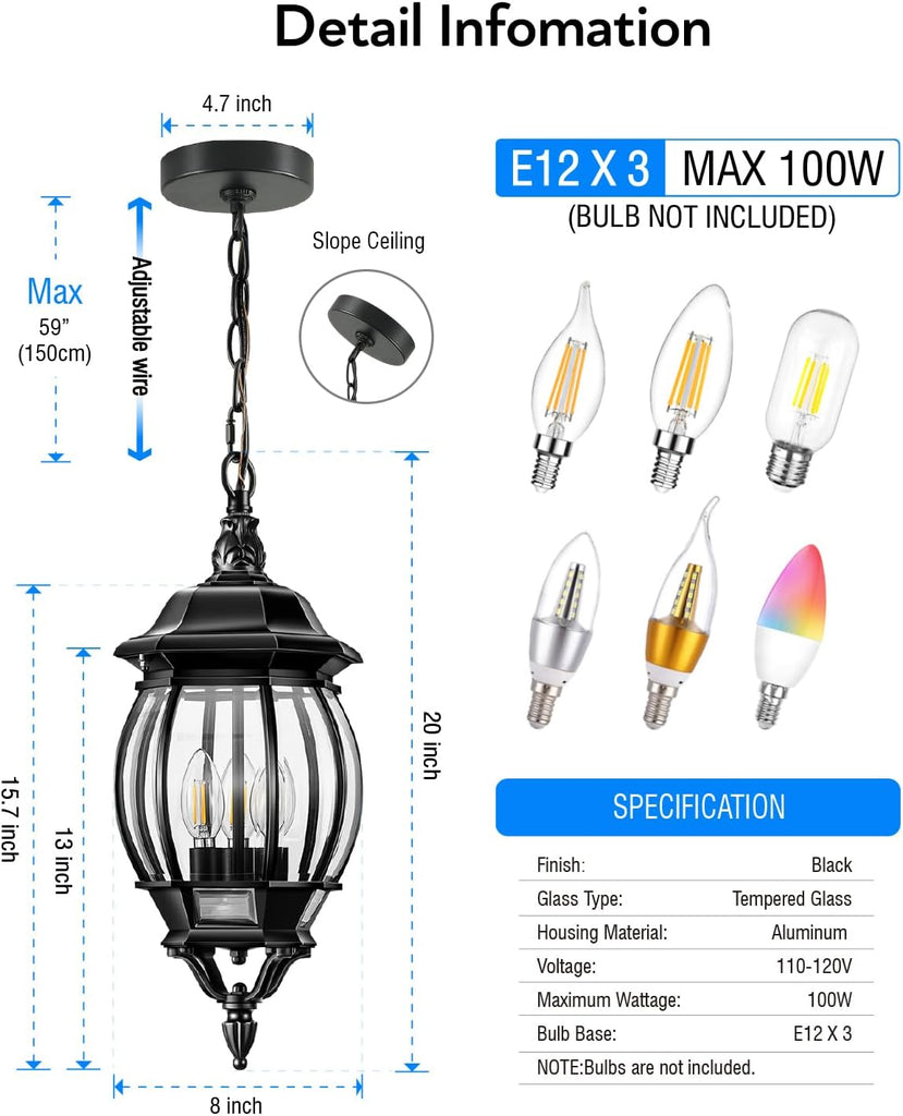 3-Light Large Pendant Light Fixtures, Modern Exterior Hanging Lantern Light