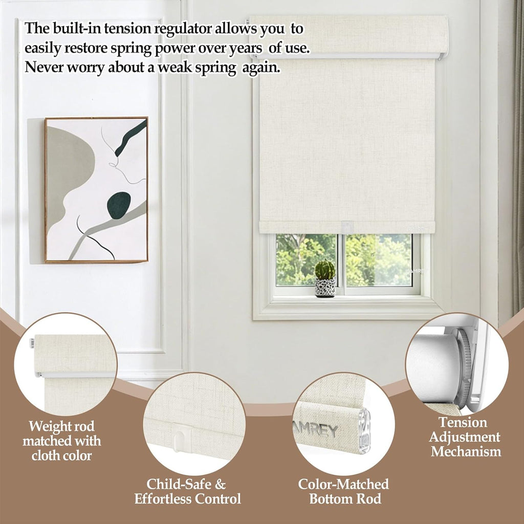 Cordless Blackout Roller Shades, 100% Light Blocking Linen Window Blinds, No Tools Inside Mount, Thermal Insulated