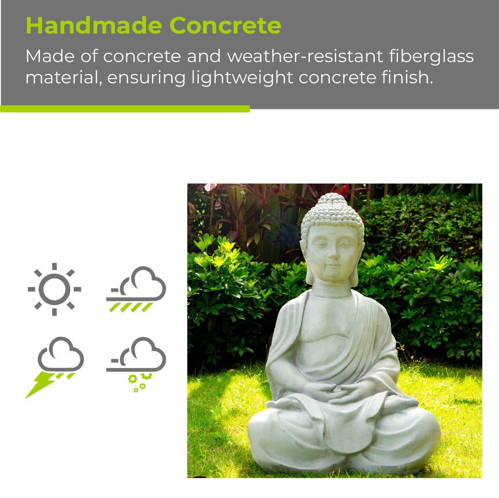 25.6" Lightweight Sitting Meditating Buddha Zen Indoor Outdoor Statue Natural Concrete