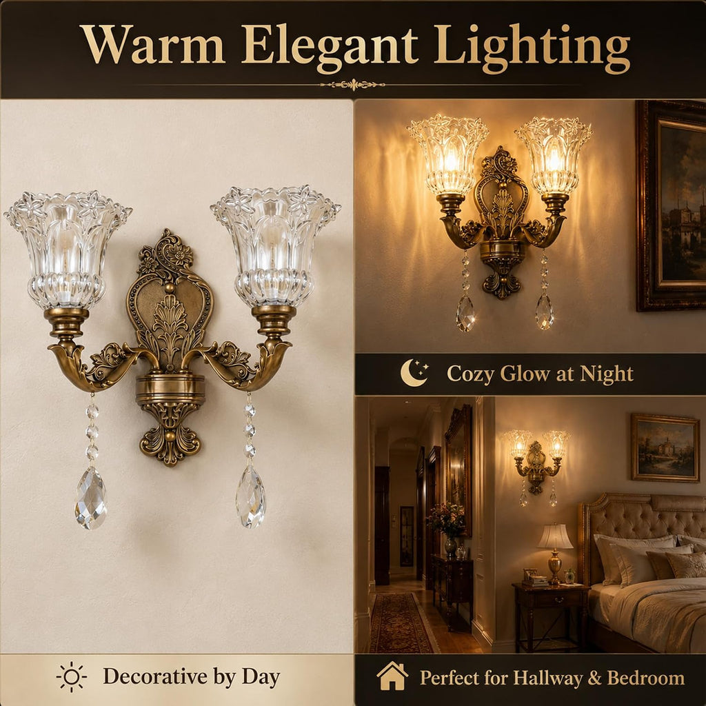 Vintage Style Crystal Sconces,2-Lights Design,3000K Warm Light | Zinc Alloy Body,K9 Crystal Pendant,Floral Glass