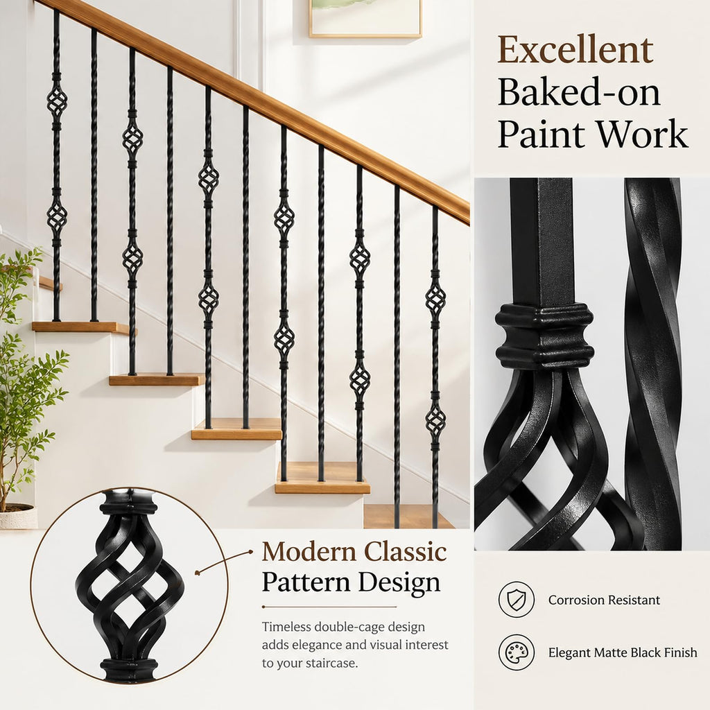 16 Pcs Wrought Iron Balusters for Staircase Interior, 44" Hollow Double Basket with Double Twist Metal Stair Spindles