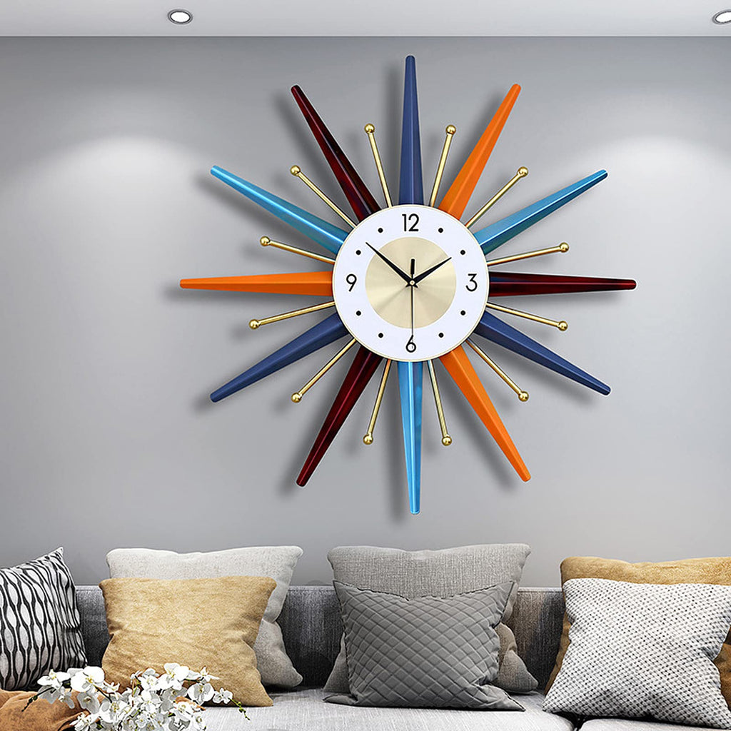 Starburst Large Wall Clock Metal Decorative, Mid Century Wall Clocks