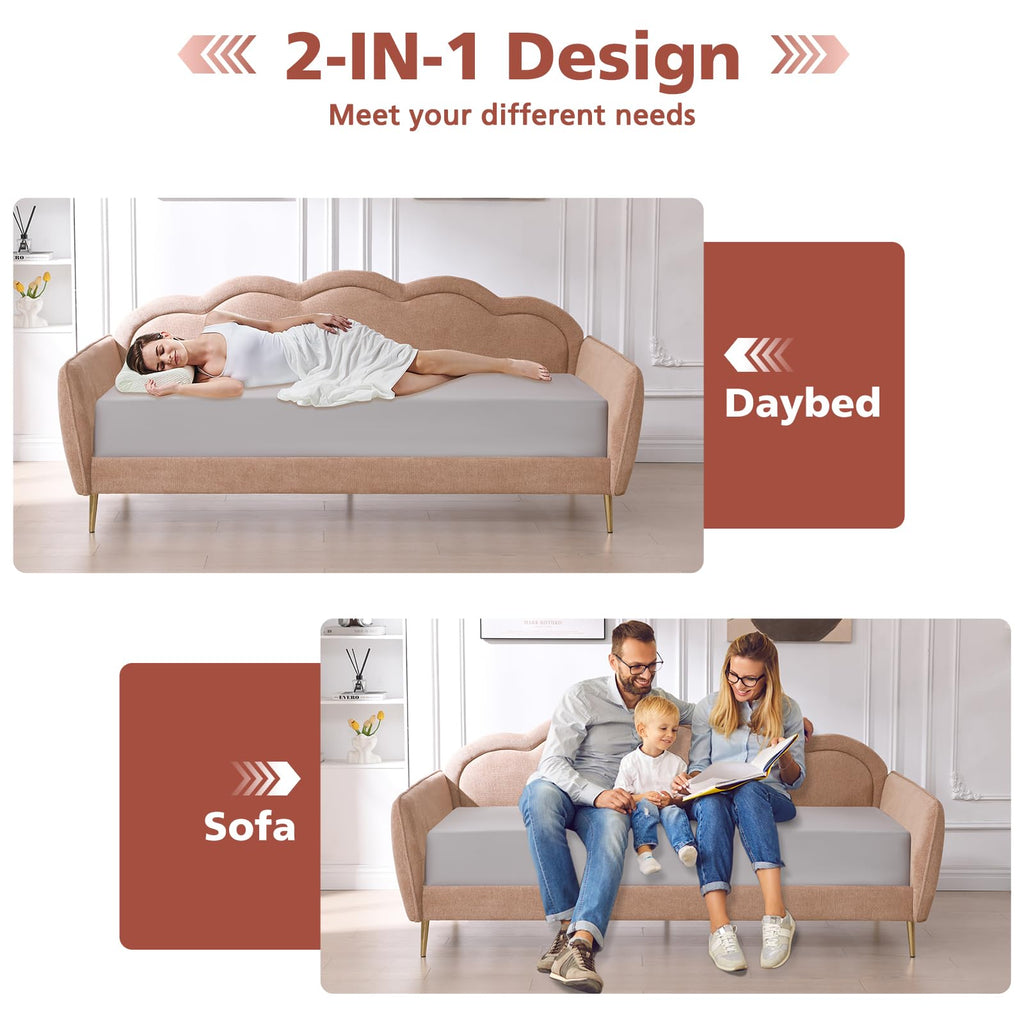 Twin Size Upholstered Daybed with Cloud-Shaped Backrest, Modern Linen Sofa Bed with Metal Legs, Wood Slat Support
