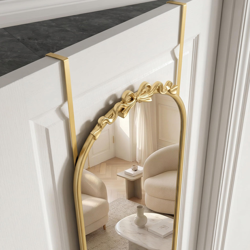 Door Mirror Full Length: 14"x50" Gold Bow Over The Door Hanging