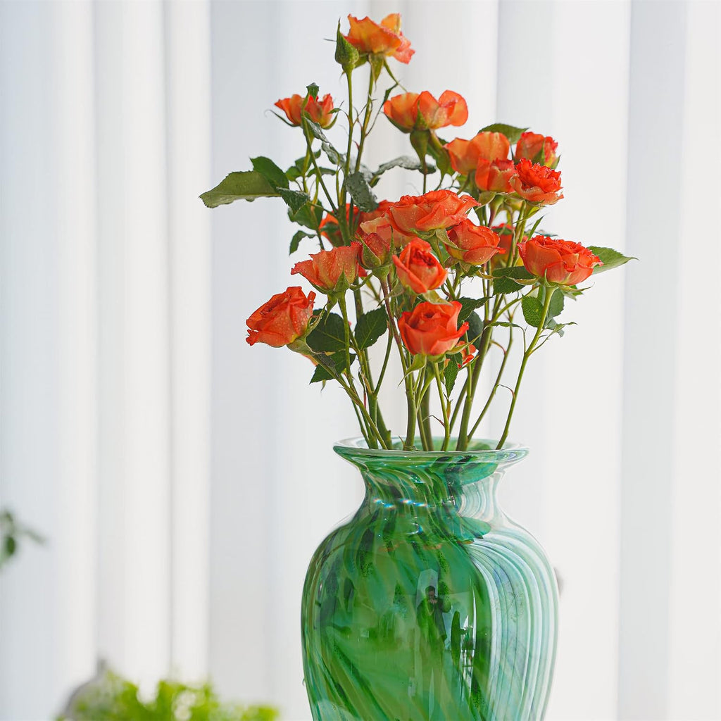 Hand Blown Green Classic Vase Decor, 11.5Inch Glass Flower Vase