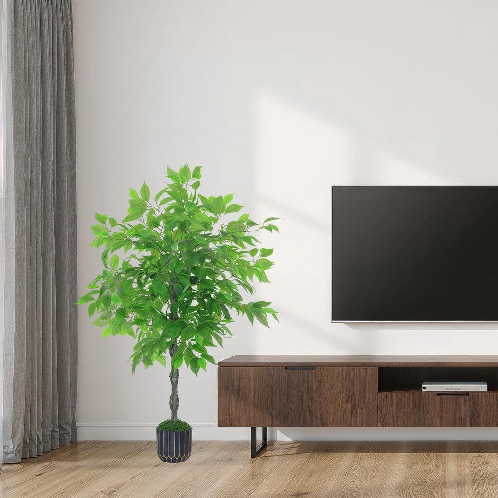 Artificial Ficus Tree 4FT Tall, Artificial Plants Indoor with Black Planter Faux Ficus Tree Realistic Faux Silk Plant