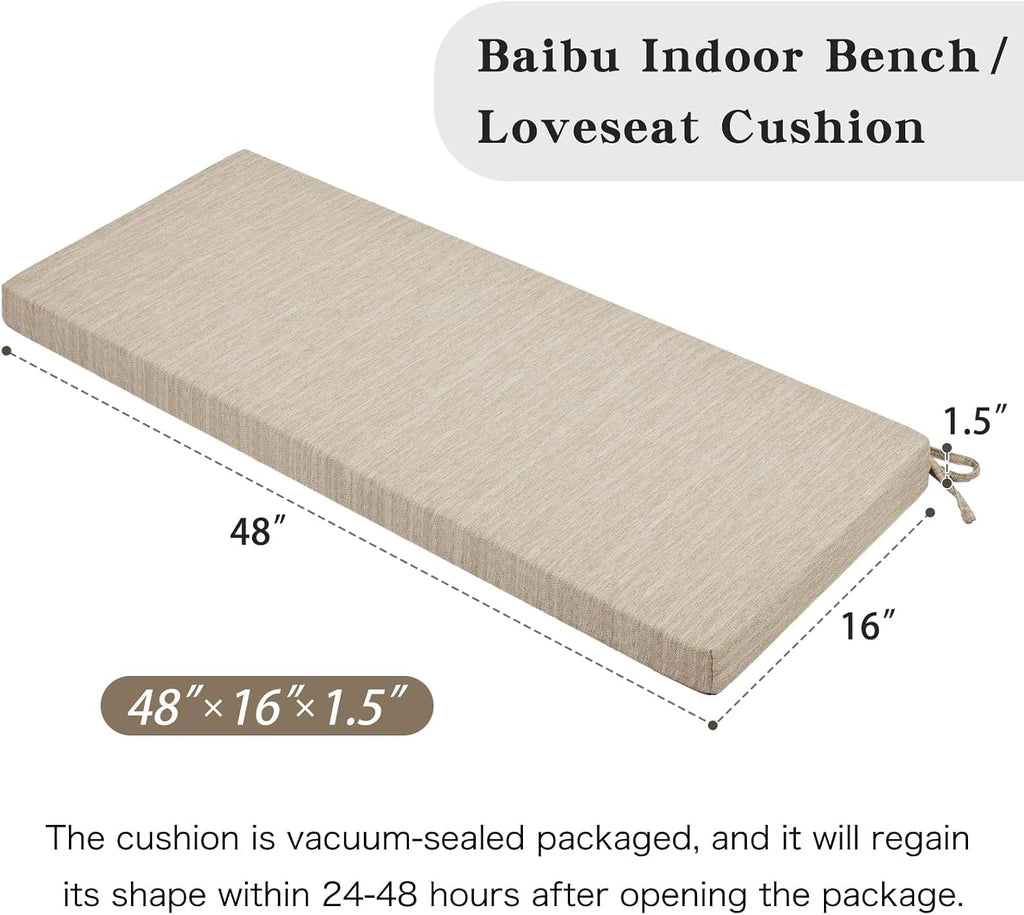 48 Inch Classic Solid Color Bench Cushion with Ties, Non-Slip Indoor Outdoor Rectangle Bench Seat Cushion Standard