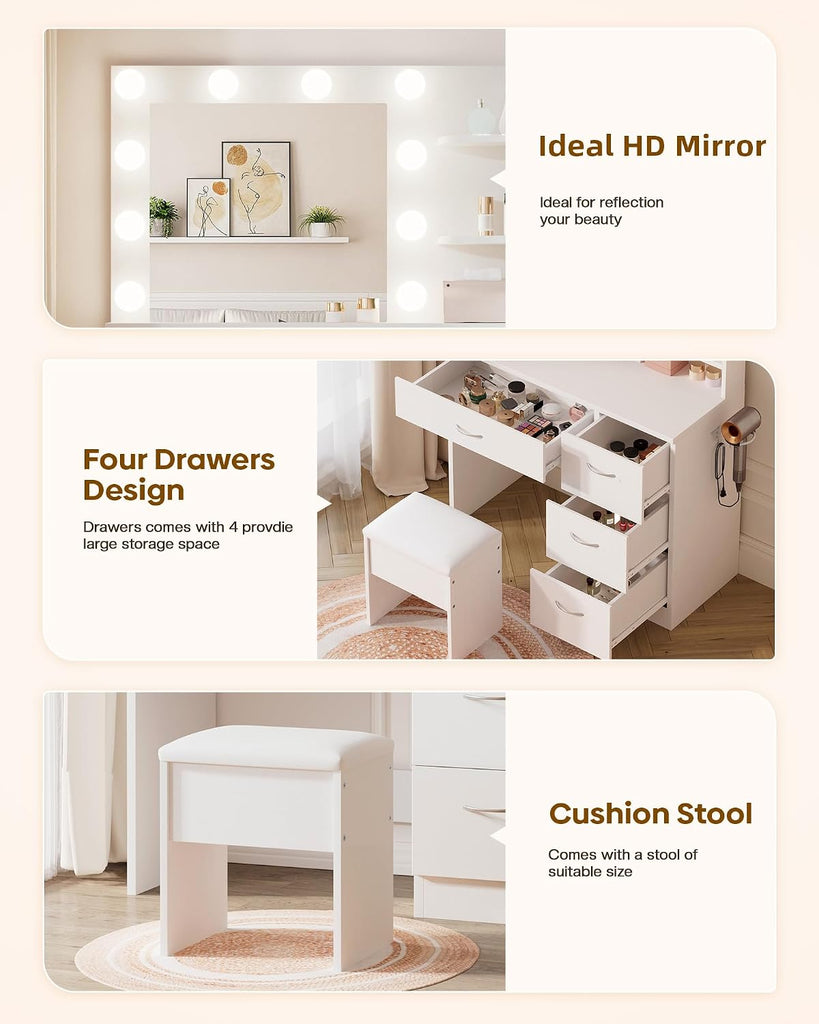 White Makeup Vanity Desk with Charging Station & 4 Drawers | 10 LED Bulbs, HD Mirror, Cushioned Stool, Hairdryer Rack